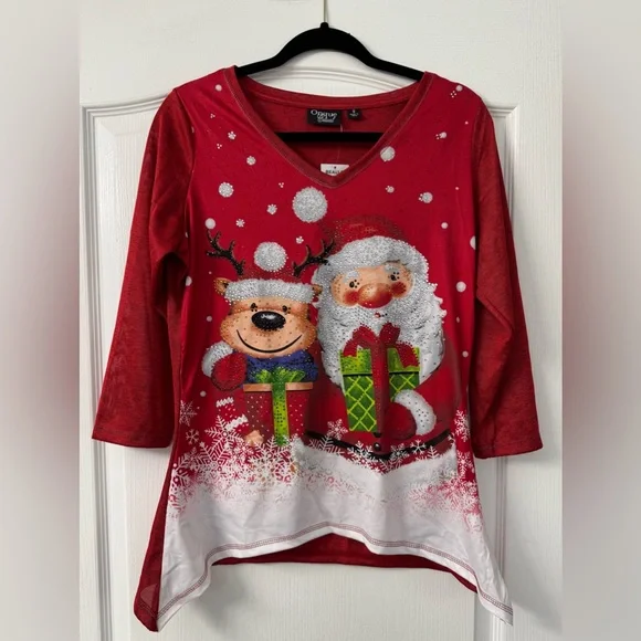 Onque Casual Santa and Reindeer Christmas Top w/ Sparkling Embellishments - Picture 3 of 15